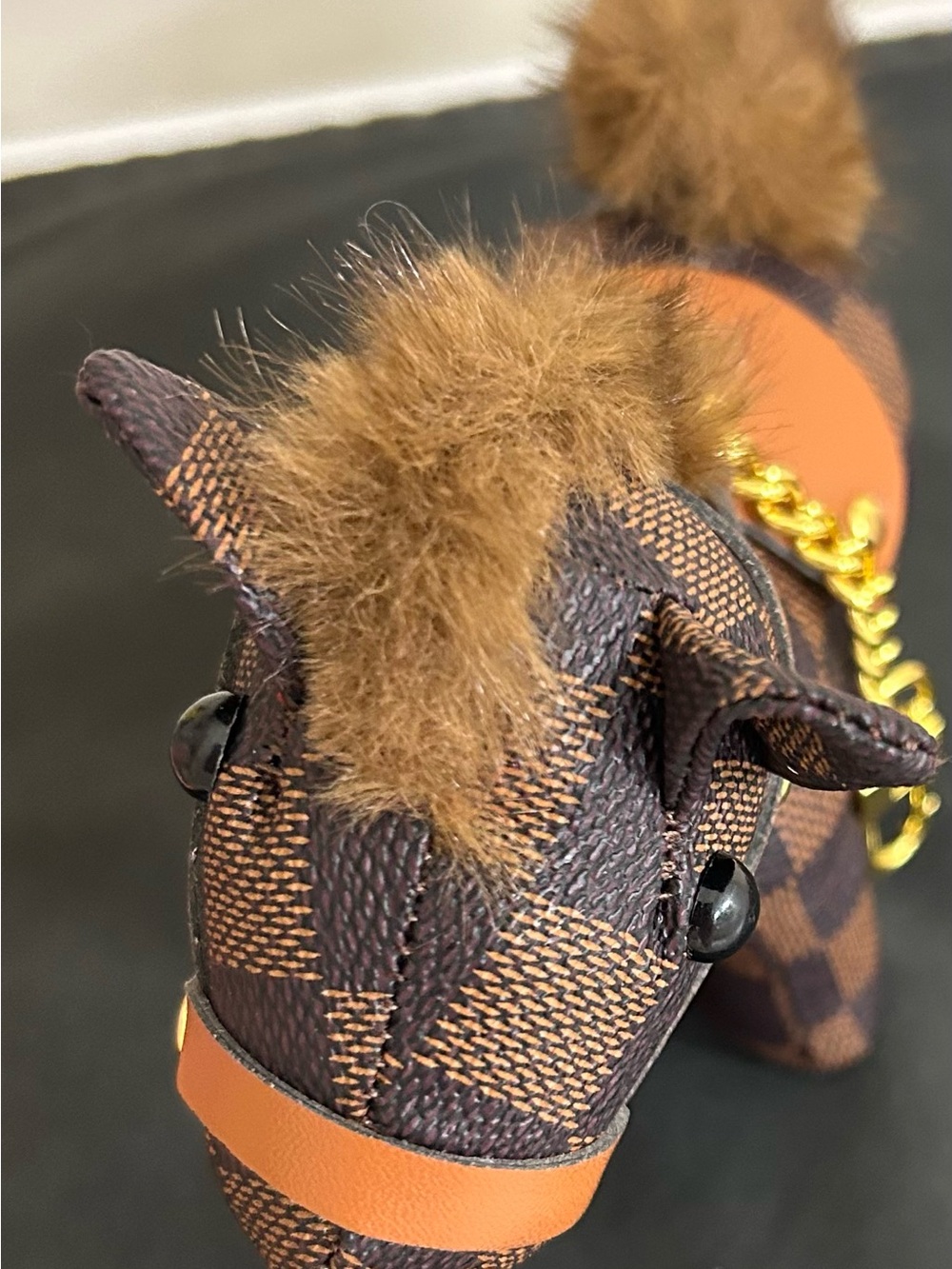 Brown Checkered Pony Keychain Bag Charm